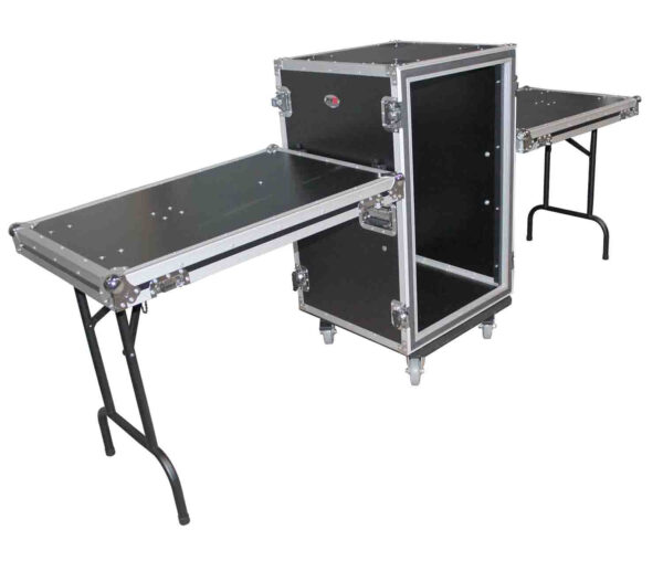 ProX T-18RSP24DST, 18U Vertical Shockproof Amp Rack Case W-Side Tables and 4 Casters - 24 In Rail to Rail