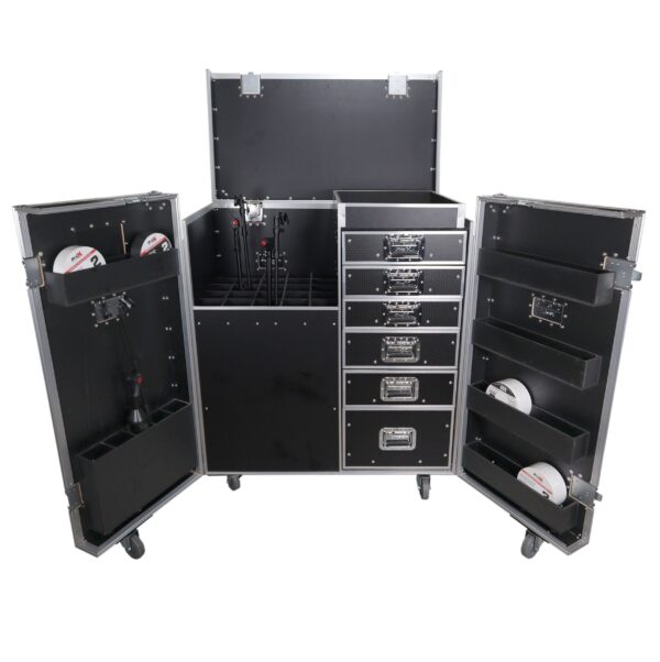 ProX XS-6DMIC25W, ATA Flight Style Mic Stand and Drawer Combo Case Stores up to 25 Professional Mic Stands with Side Door Storage.