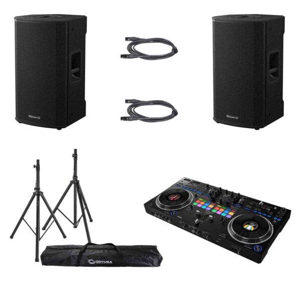 Pioneer DDJ-REV7, 2 Channel  DJ Controller Package with Active Speaker, Stands and Cables