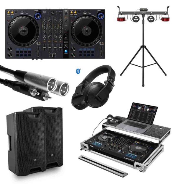 DJ Package for Club with Pioneer DJ Controller, Case, Headphones, Loudspeaker, Cable and LED Lighting System
