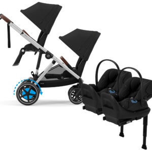 Cybex eGazelle S Double Stroller + Cloud G Lux SensorSafe Twin Travel System Bundle - Silver Frame / Moon Black / Moon Black