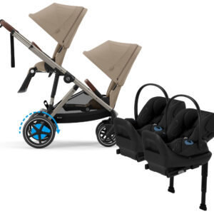 Cybex eGazelle S Double Stroller + Cloud G Lux SensorSafe Twin Travel System Bundle - Taupe Frame / Almond Beige / Moon Black