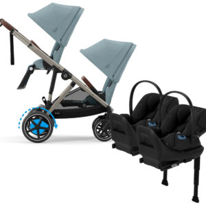 Cybex eGazelle S Double Stroller + Cloud G Lux SensorSafe Twin Travel System Bundle - Taupe Frame / Stormy Blue / Moon Black