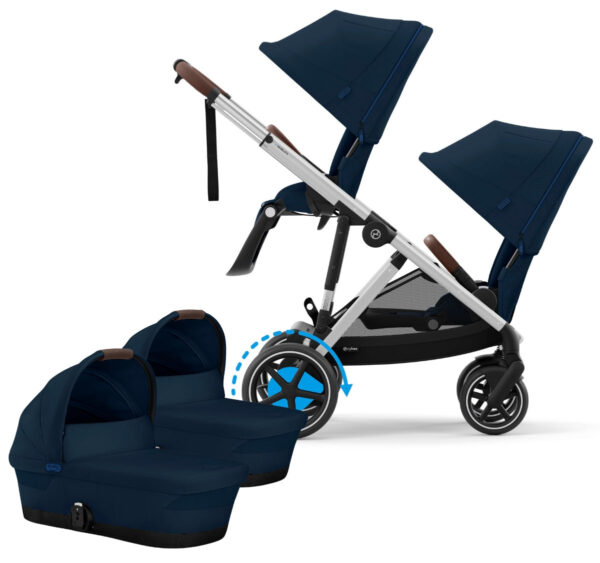 Cybex eGazelle S Electronic Assist Twin Stroller + Cot Bundle - Silver Frame / Ocean Blue