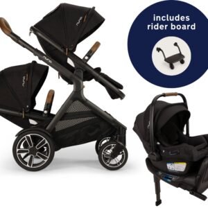 Nuna DEMI Next Double Stroller with Rider Board + PIPA Aire RX Travel System Bundle - Caviar
