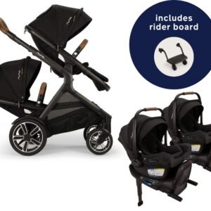 Nuna DEMI Next Twin Double Stroller with Rider Board + PIPA Aire RX Travel System Bundle - Caviar