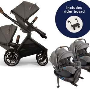 Nuna DEMI Next Twin Double Stroller with Rider Board + PIPA RX Travel System Bundle - Granite
