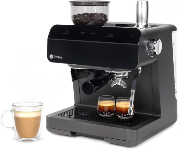 GE Semi Automatic Espresso Machine + Steam Frother | Italian-Made 15 Bar Pump for Balanced Extraction | 15 Adjustable Grind Size Levels | WiFi Connected for Drink Customization | Black
