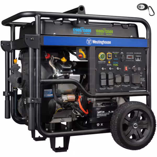 Westinghouse WGen12000DF 713 CC Ultra-Duty Dual Fuel Portable Generator with Electric / Recoil / Remote Start – 12,000 / 15,000W